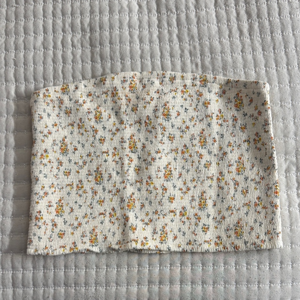 American Eagle Outfitters White Floral Ribbed Tube Crop Top